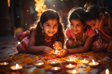 Obraz na płótnie Canvas Indian child group celebrating diwali festival.