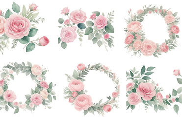 Floral wreath with apple or cherry flowers sakura blossom , roses flowers and feathers 