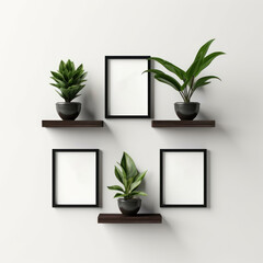 Mock up picture frames and plant stands on a white concrete wall.