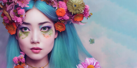 Naklejka premium Floral Elegance: The Asian Blossom Girl 20