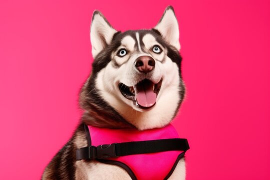 Headshot portrait photography of a happy siberian husky wearing a swimming vest against a hot pink background. With generative AI technology
