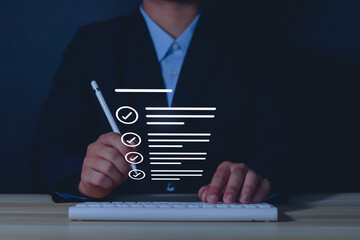 Businessman showing check mark summarizing job Compile lists, votes, and to-do lists. Checklists,...