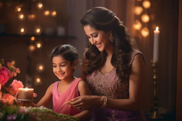 Obraz na płótnie Canvas Indian woman with her little girl celebrating diwali festival.