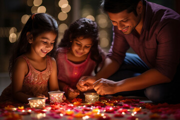 Indian family celebrating diwali festival.