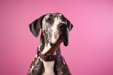 Group portrait photography of a happy great dane wearing a paw protector against a dusty rose background. With generative AI technology - obrazy, fototapety, plakaty