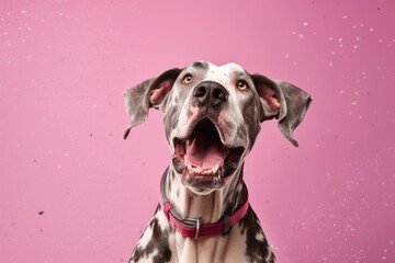 Group portrait photography of a happy great dane wearing a paw protector against a dusty rose...