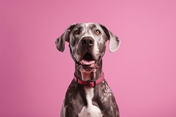 Group portrait photography of a happy great dane wearing a paw protector against a dusty rose background. With generative AI technology