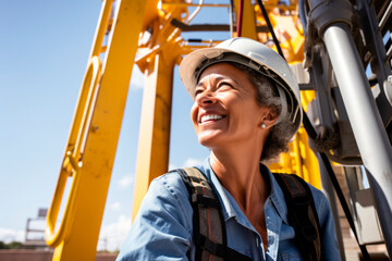 Portrait of mature woman in work safety clothing working outside on a sunny day. Smiling, cheerful, equality at work.  Happiness. skilled occupation