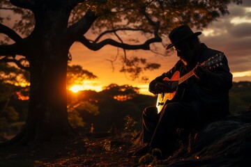 Silhouette of a musician playing a guitar under a tree at sunset, Generative AI 