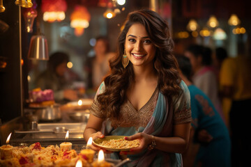 Young indian woman serve ice cream and celebrating traditional festival diwali