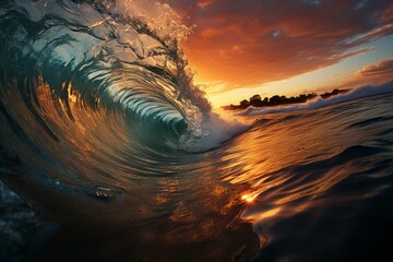 Sunsets behind the ocean waves, Generative AI