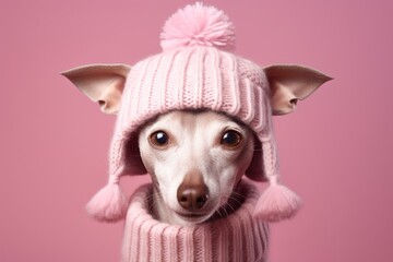 Headshot portrait photography of a funny italian greyhound dog wearing a winter hat against a dusty rose background. With generative AI technology