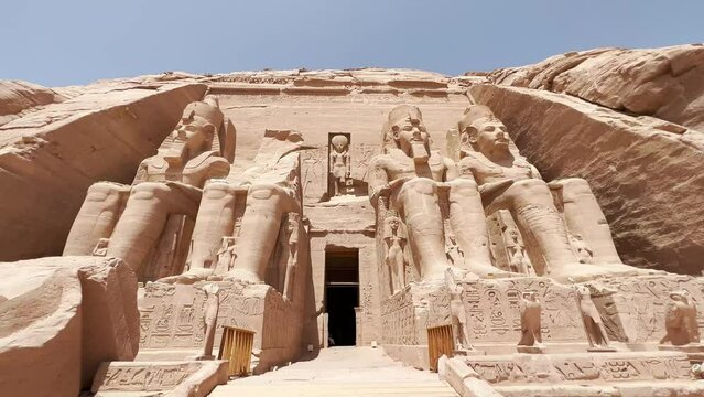 Horizontal video accessing the front of the Temple of Abu Simbel (Egypt), without people.