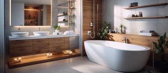 A modern spacious bathroom with oval shaped bathtub shower cabin white sinks and wooden cabinet all illuminated