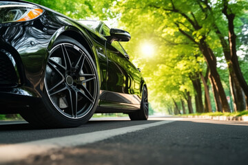 Close -up of luxury sports car tires and wheel parked on asphalt roads. The background of the...
