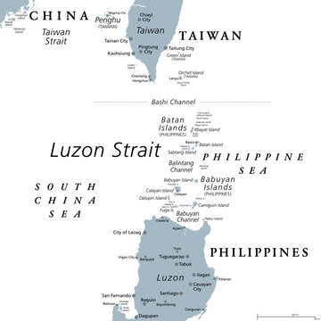 Luzon Strait, gray political map. Strait between Luzon and Taiwan, connecting Philippine Sea to South China Sea in the western Pacific Ocean. Important body of water for shipping and communications.