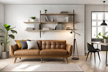 Wooden shelving unit on white wall behind cozy sofa. Scandinavian interior design of modern stylish living room in attic