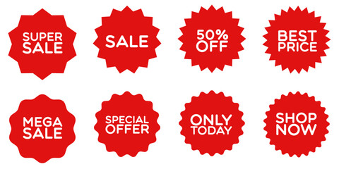 Sale stickers. Sale, shop now, only today, special offer, best price. Vector set stickers or icons. Sale, 50% off, mega sale.