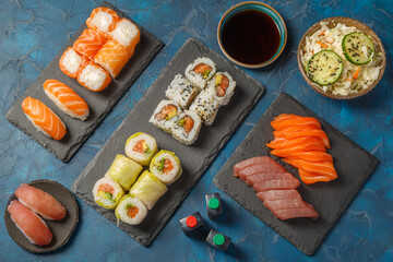 Assortiment des plats japonais: sushi, maki, california rolls, brochettess, soupe miso, salade de...