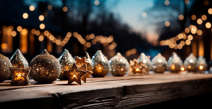 Panoramic Christmas background, bright beautiful New Year's balls on a blurred background - AI generated image