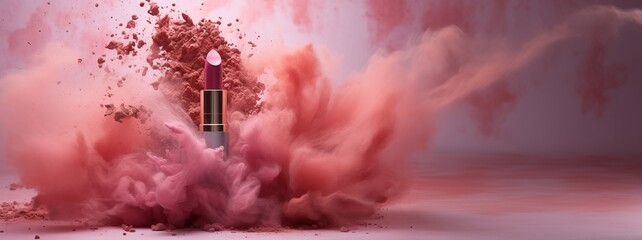 Generative AI, Nude beige color lipstick, beige and pink powder splashes and smoke with copy space.