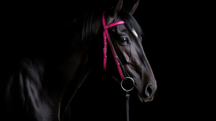 Fototapeta na wymiar dark horse with pink hair on a dark background