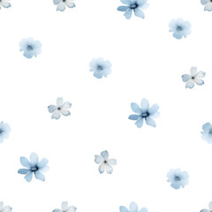 Seamless pattern with blue watercolor flowers. Elegant endless print