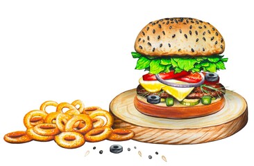 Hand drawn burger and onion rings , watercolor fastfood illustration.