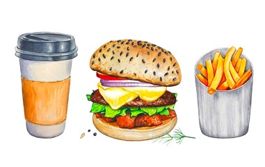 Burger with french fries, coffee. Watercolor