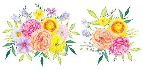 Floral watercolor bouquets of bright flowers