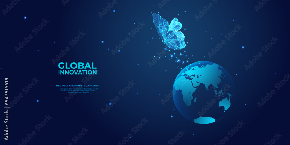 Poster digital butterfly launching out from technology globe earth. abstract technology innovation concept.