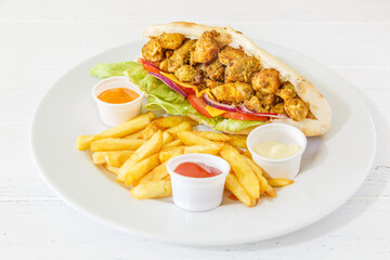 Doner kebab sandwich au poulet sur une assiette avec des frites et sauces. 