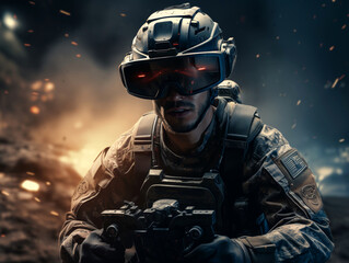 Naklejka premium night vision device. Soldier Using Drone for Scouting During Military Operation. force on action with night vision device. Military warrior hold VR drone controller. Modern War. glasses. Generative ai