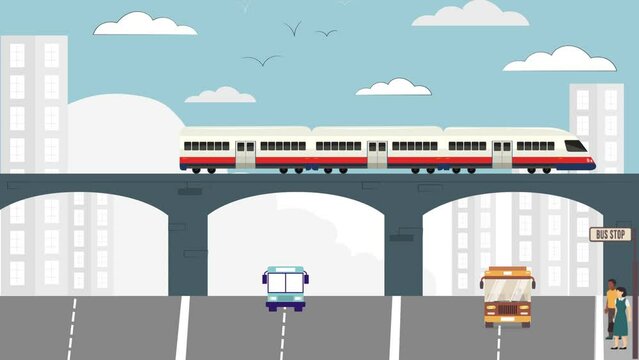 Modern train and buses are driving. 