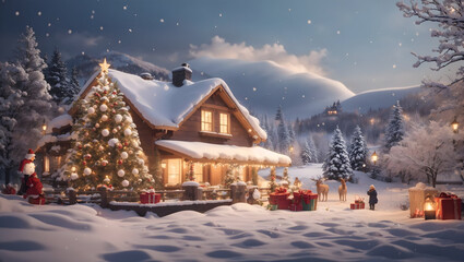 Christmas house in the mountains, Christmas, Christmas Tree, A winter wonderland, illuminated by a dazzling Christmas tree, its lights shimmering in the snow with text space - obrazy, fototapety, plakaty