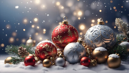 Christmas balls on a snow - obrazy, fototapety, plakaty