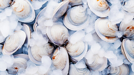 Fototapeta na wymiar Top view on fresh clams in ice cubes. Sea food background. Generative AI