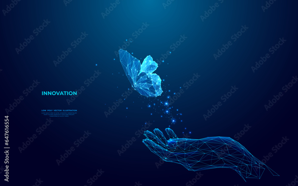 Poster Digital butterfly flies away from hand. Future transform or technology innovation concept. Abstract close-up hand and butterfly in low poly wireframe style. Blue hologram x-ray beautiful insect.