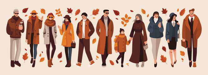 People in Autumn Fashion with Autumn Leaves Collection Vector Illustration