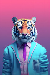 Portrait of the tiger isolated on the bright blue  and pink pastel background. Digital abstract artwork