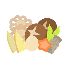 煮しめ。フラットなベクターイラスト。
Japanese simmered dish. Flat designed vector illustration.