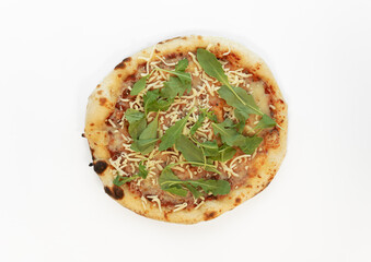 Margarita pizza with mozzarella cheese, dried basil, arugula isolated on white background. Pizza top view.