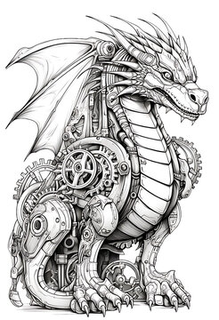 Enchanting Steampunk Dragon Coloring Page. Mechanical Dragon Coloring Sheet