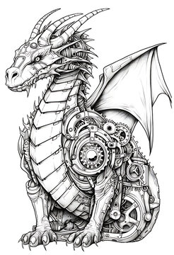 Enchanting Steampunk Dragon Coloring Page. Mechanical Dragon Coloring Sheet