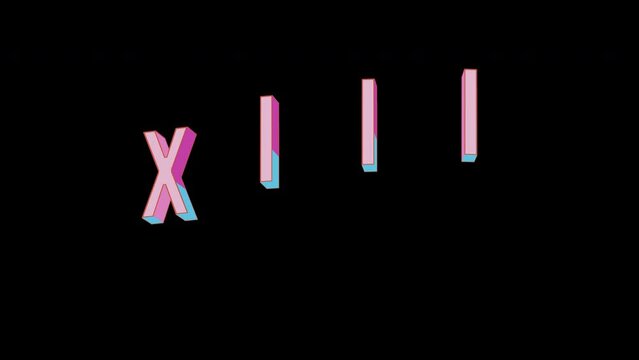Bright letters jump merrily in the inscription XIII Roman numerals. Retro. Alpha channel black. In-Out looped. Alpha BW at the end. Looped from frame 120 to 240, Alpha BW at the end