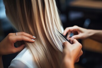 Fototapeta premium Hairdresser doing hair rebonding to long hair in the hair salon