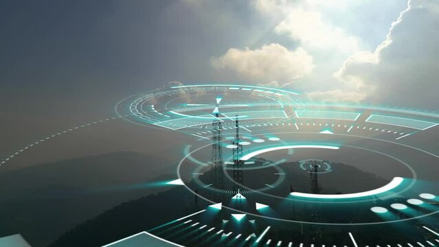 Radio signal from the cellular antenna spreads in all directions. Visualization of radio waves transmitted by a radio tower. Concept of wireless communication, data transmission, 5G,. High quality 4k