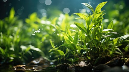 Green, fresh herbs grow from the soil. Dense green grass. Underwater plants and algae. Green plants grow under water. Generative AI.