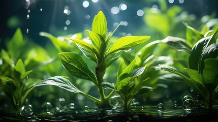 Green, fresh herbs grow from the soil. Dense green grass. Underwater plants and algae. Green plants grow under water. Generative AI.
