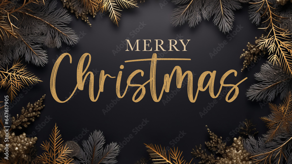 Wall mural Merry Christmas, festive greeting card illustration with text - Frame made of golden fir branches and christmas decorations ornaments on black table background, top view